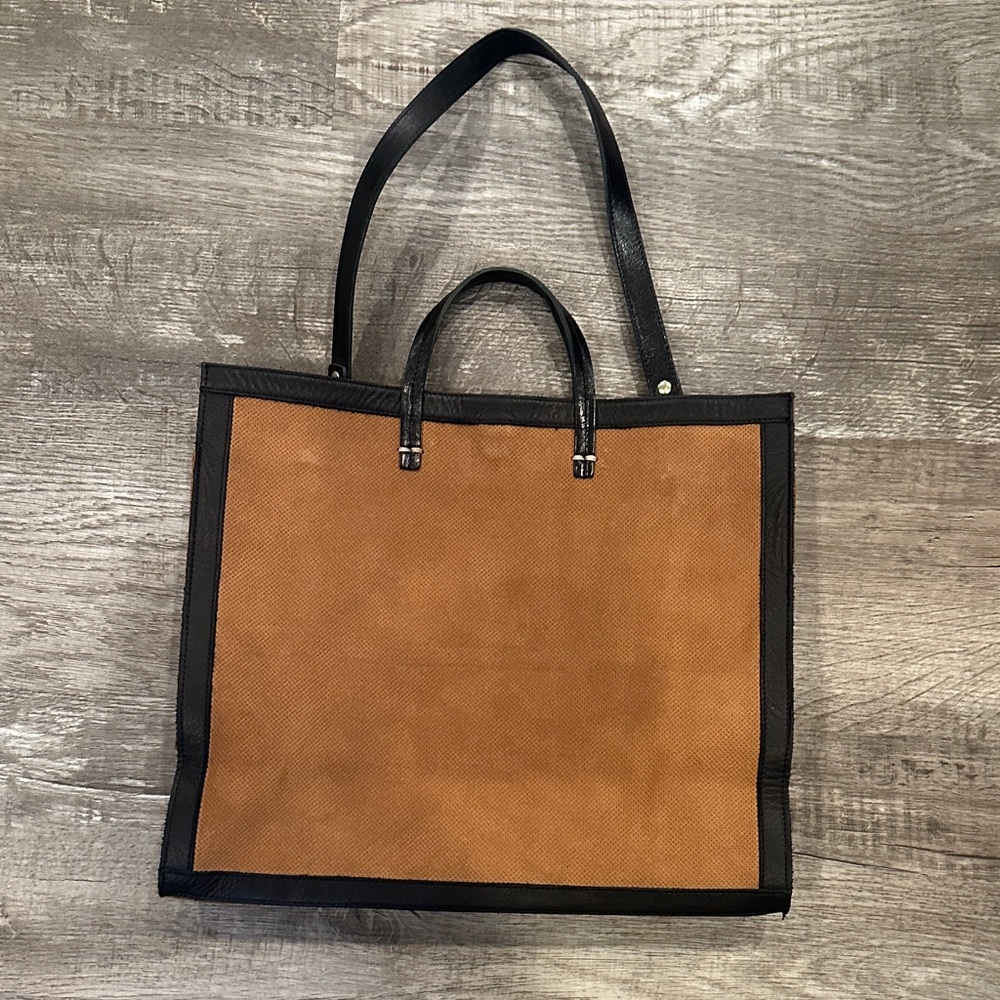 Clare V Simple Tote Perforated Camel Suede Black Leather Trim Shoulder Bag